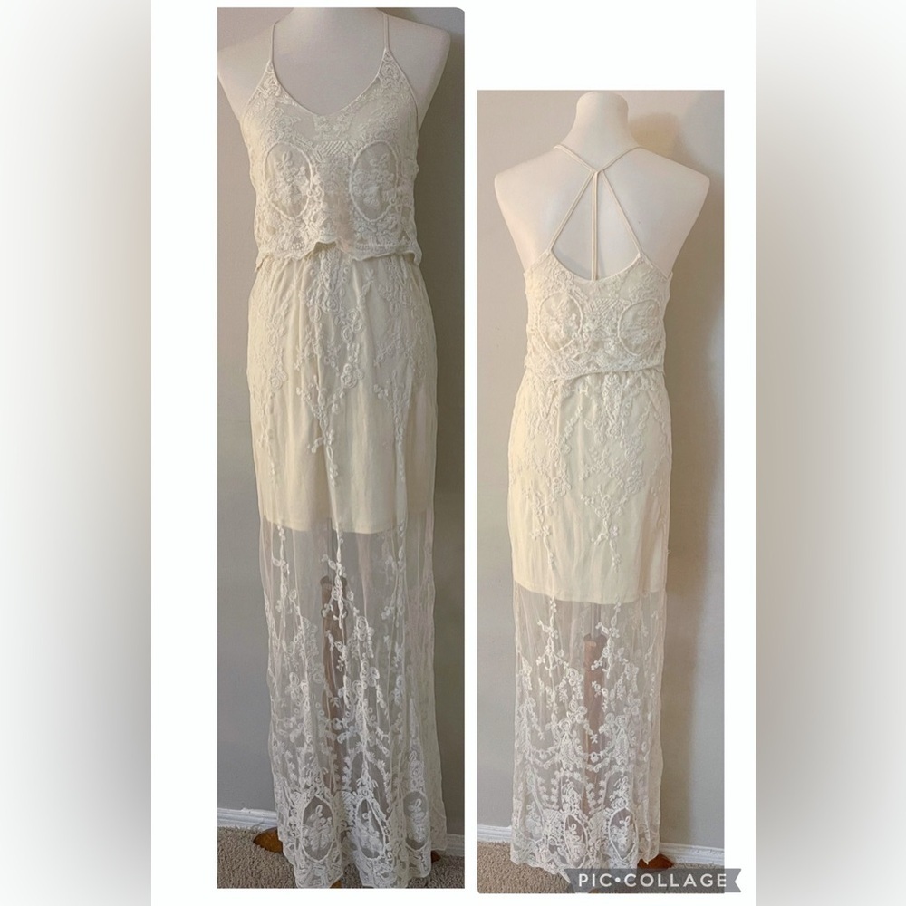 Lace cream colored maxi dress boho castlecore fairycore bohemian lace romantic